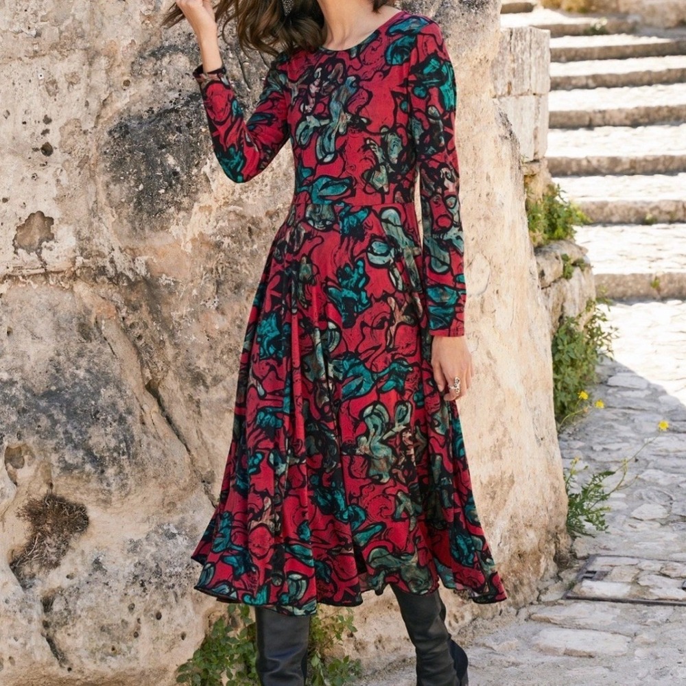Peruvian Connection Ravenwood Red Abstract‎ Floral Pima Cotton Midi Dress Medium